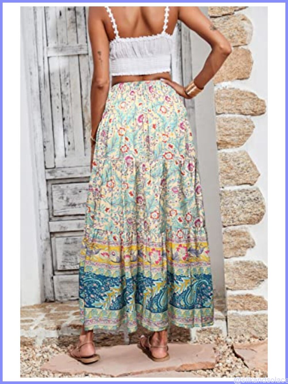 Women's Boho Floral Maxi Skirt High Waist A-Line Pleated Ruffle Beach Vacation - Picture 5 of 6